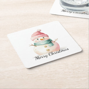 Pink Mint Christmas Snowman Square Paper Coaster