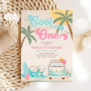 Pink Mint Cool ONE Surfing 1st Birthday Invitation