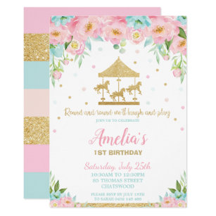 Pink Mint Floral Carousel 1st Birthday Girl Invitation