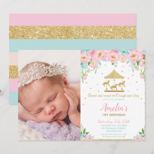 Pink Mint Floral Carousel 1st Birthday Party Photo Invitation (Front/Back)