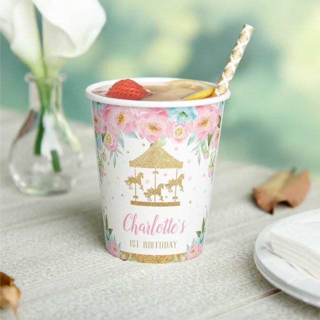 Pink Mint Floral Carousel Birthday Baby Shower Paper Cups (Insitu)