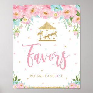 Pink Mint Floral Carousel Birthday Shower Favors  Poster