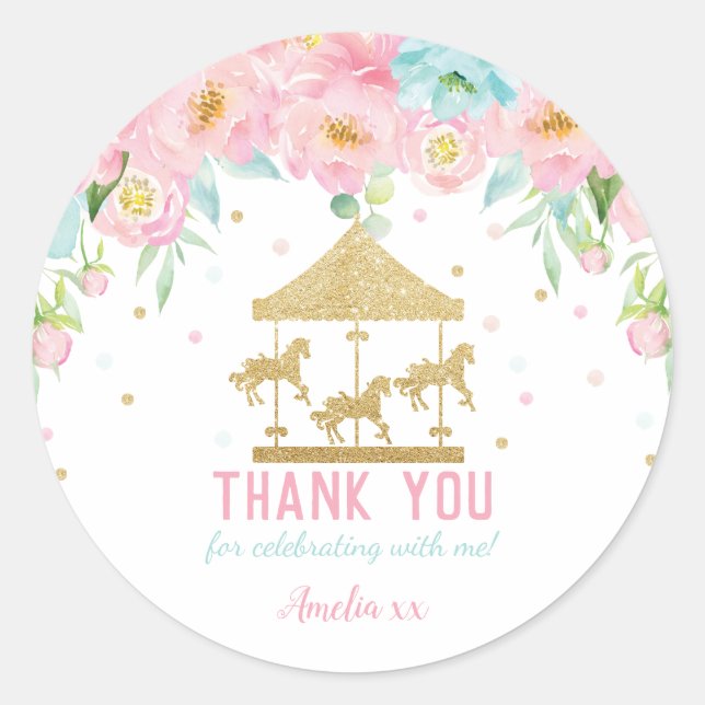 Pink Mint Floral Carousel Birthday Thank You Favor Classic Round Sticker (Front)