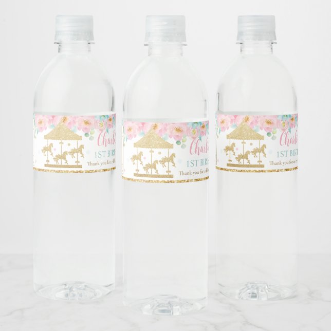 Pink Mint Floral Carousel Carnival 1st Birthday Water Bottle Label (Bottles)