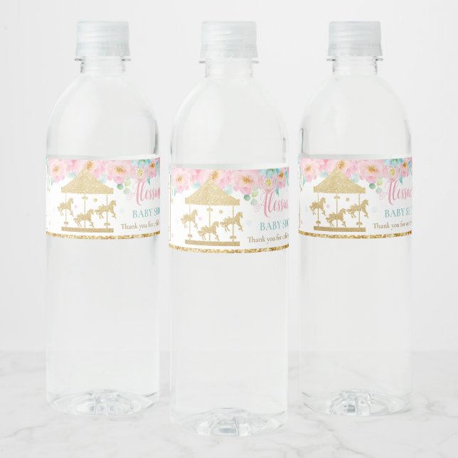 Pink Mint Floral Carousel Carnival Baby Shower Water Bottle Label (Bottles)