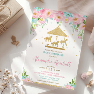 Pink Mint Floral Carousel Girl Baby Shower Invitation
