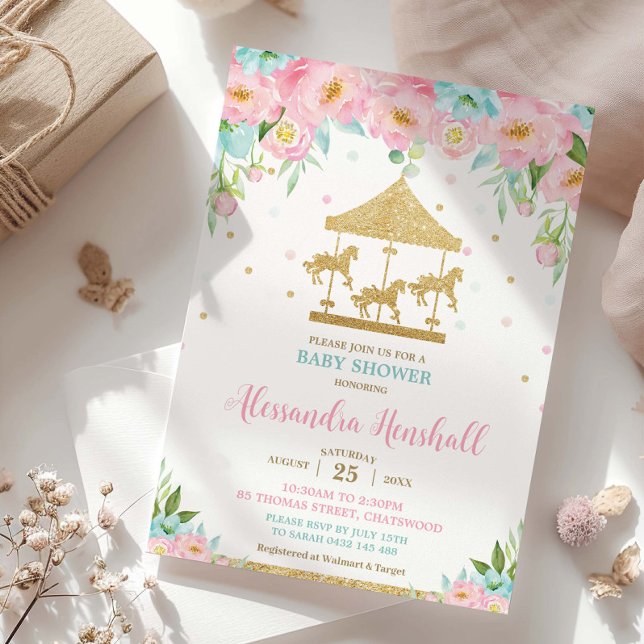 Pink Mint Floral Carousel Girl Baby Shower Invitation (Creator Uploaded)