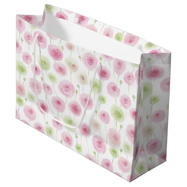 Pink Mint Floral Ranunculus Birthday Large Gift Bag (Front Angled)