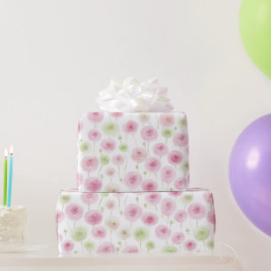 Pink Mint Floral Ranunculus Birthday Wrapping Paper