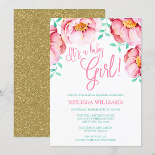 Pink Mint Floral Watercolor Baby Shower Invitation