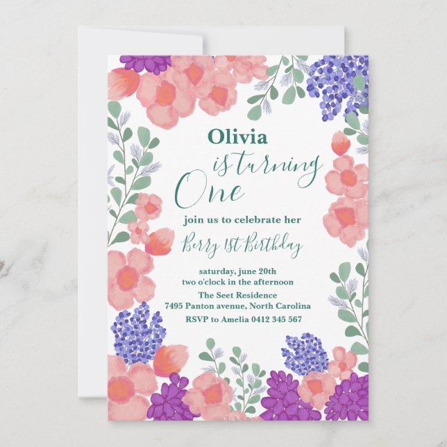 Pink Mint Flowers Watercolor Botanical Baby Shower Invitation (Front)