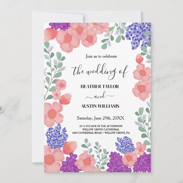 Pink Mint Flowers Watercolor Wedding  Botanical Invitation (Front)