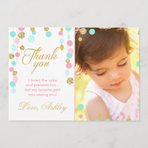 Pink Mint Gold Glitter Birthday Thank You Card