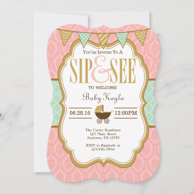 Pink Mint Gold Sip And See Invitation (Front)