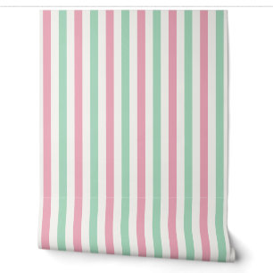 Pink, Mint Green and White Nursery Stripe Wallpaper