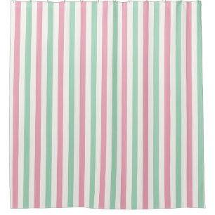 Pink, Mint Green and White Wide Pastel Stripe Shower Curtain