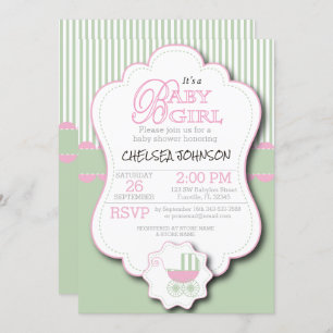 Pink & Mint Green Baby Buggy Shower Invitation