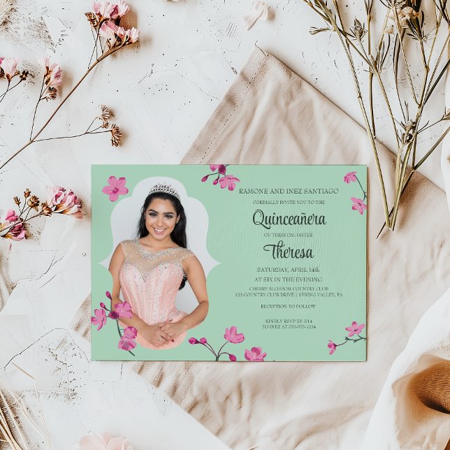 Pink, Mint Green Cherry Blossom Quinceanera Photo Invitation (Creator Uploaded)