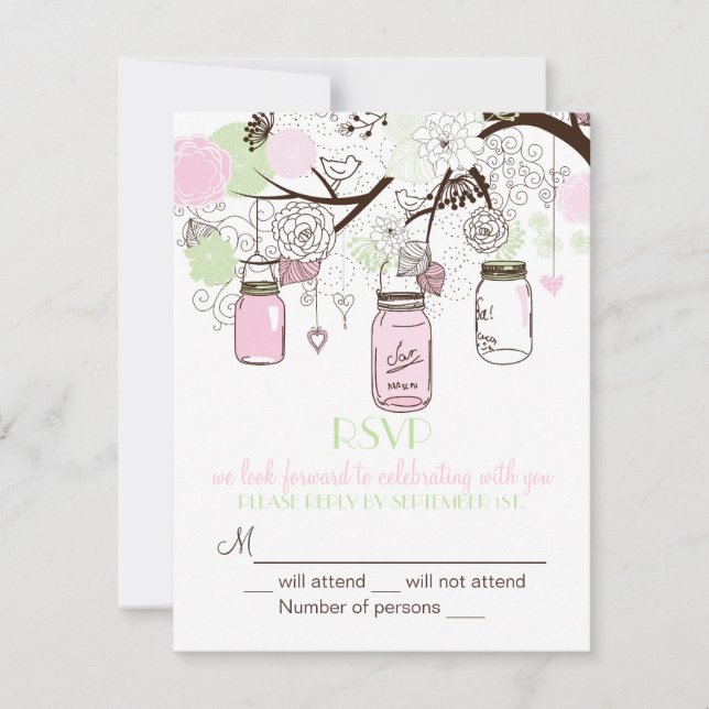 Pink Mint Green Mason Jars RSVP Wedding Invitation (Front)