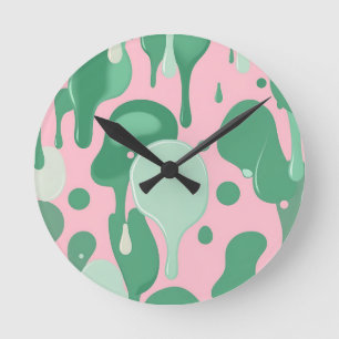 Pink Mint Green Melting Drip Pattern Abstract Round Clock