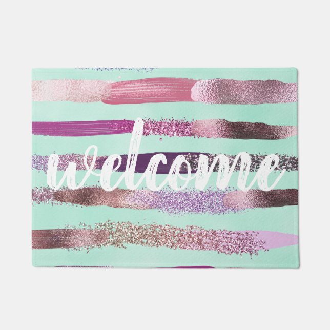 Pink Mint Green Nail Polish Glitter Brushstrokes Doormat (Front)