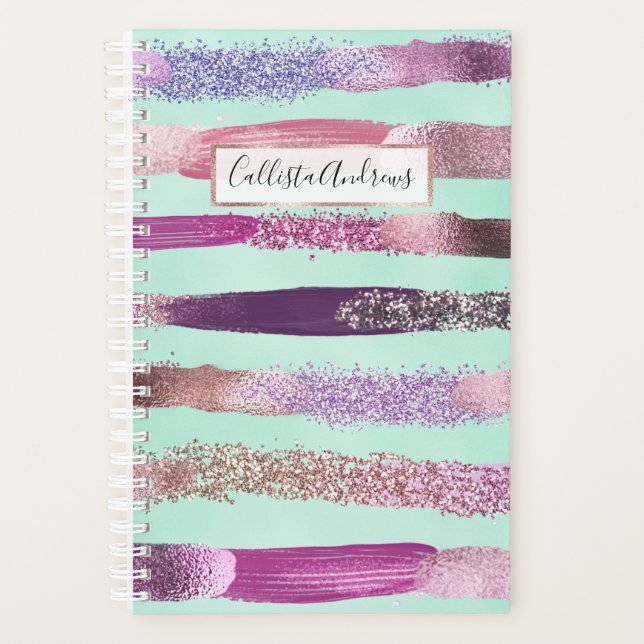Pink Mint Green Nail Polish Glitter Brushstrokes Planner (Front)