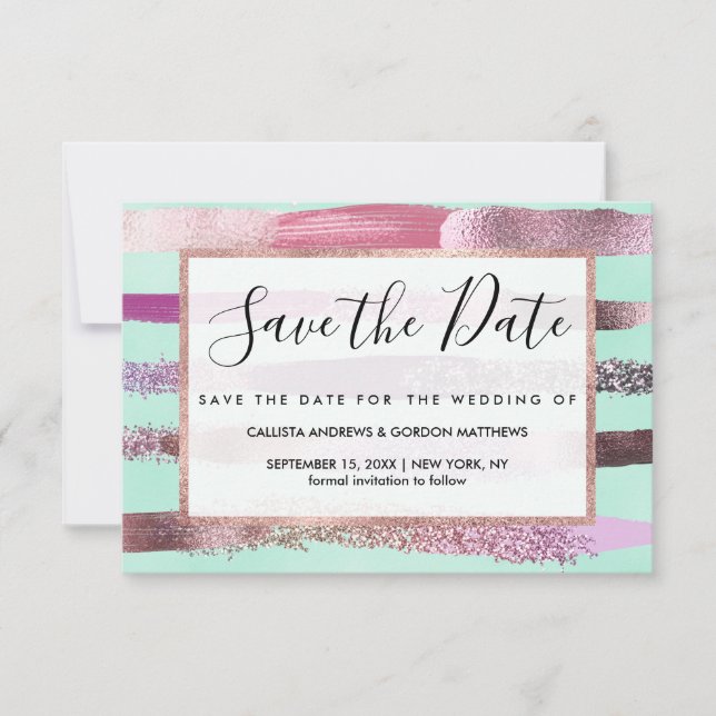 Pink Mint Green Nail Polish Glitter Brushstrokes Save The Date (Front)