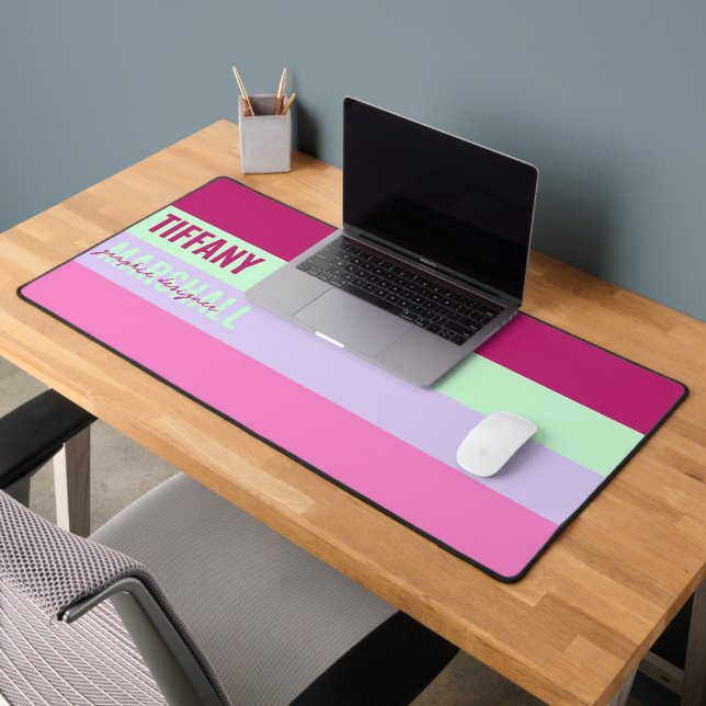 Pink Mint Green Purple Stripes Pattern Name Desk Mat (Office 2)