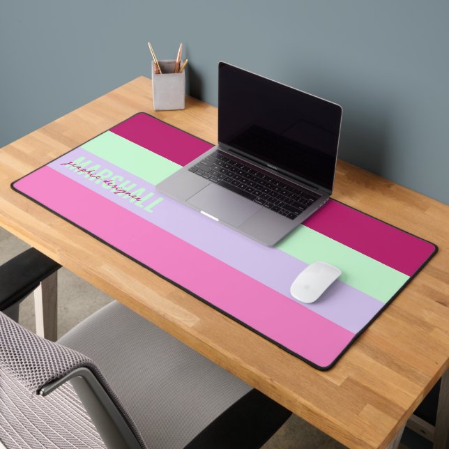 Pink Mint Green Purple Stripes Pattern Name Desk Mat (Office 2)