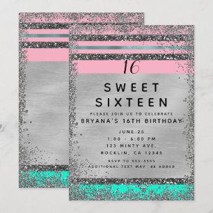 Pink Mint Green Silver Glitter Edge Sweet 16 Party Invitation