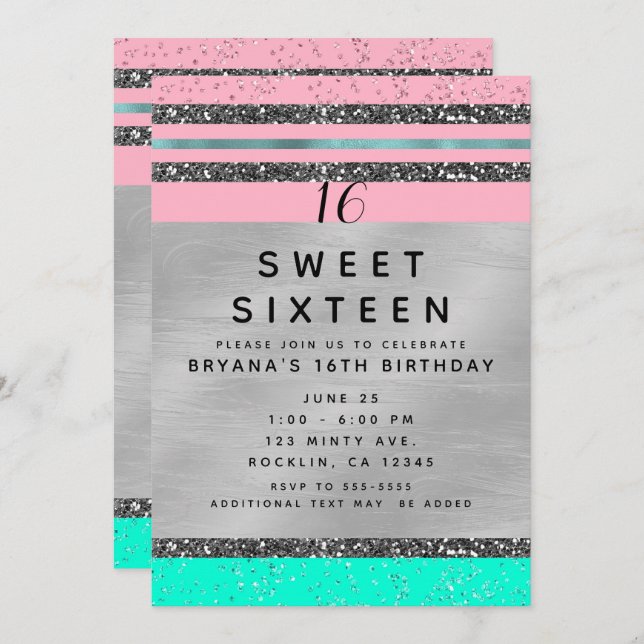 Pink Mint Green & Silver Glitter Sweet 16 Party Invitation (Front/Back)