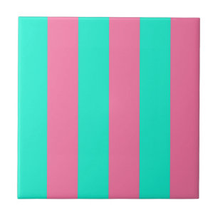 Pink Mint Green Stripes Design Ceramic Tile