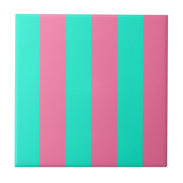 Pink Mint Green Stripes Design  Ceramic Tile (Front)