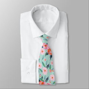 Pink Mint Green Watercolor Rose Pattern Wedding Tie