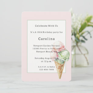 Pink Mint Ice Cream Cone Birthday Invitation
