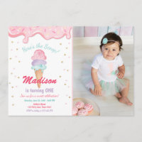 Pink Mint Ice Cream Cone Confetti Birthday Invite