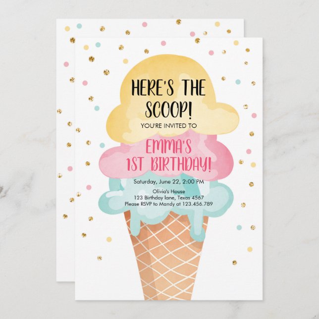 Pink Mint Ice Cream Cone Confetti Birthday Invite (Front/Back)