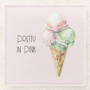 Pink Mint Ice Cream Cone Glass Coaster