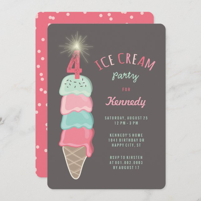 Pink Mint Ice Cream Girl 4th Birthday Party Invite (Front/Back)