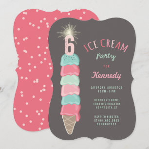 Pink Mint Ice Cream Girl 6th Birthday Party Invite