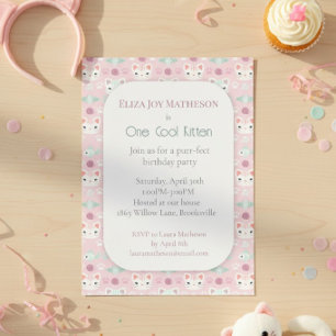 Pink & Mint Kitty Cat One Cool Kitten Birthday Invitation