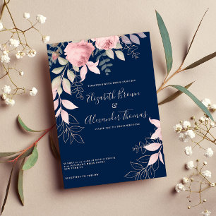 Pink mint navy blue roses leaves floral wedding invitation