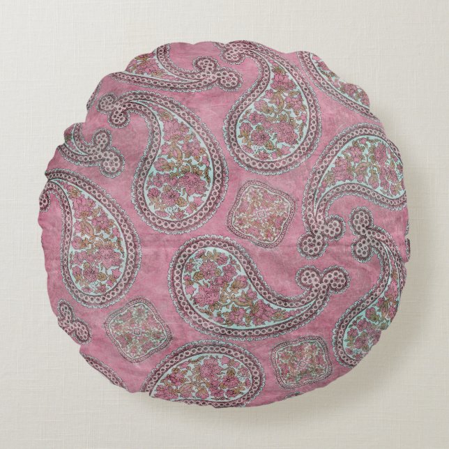 PINK MINT PAISLEY ROUND CUSHION (Front)