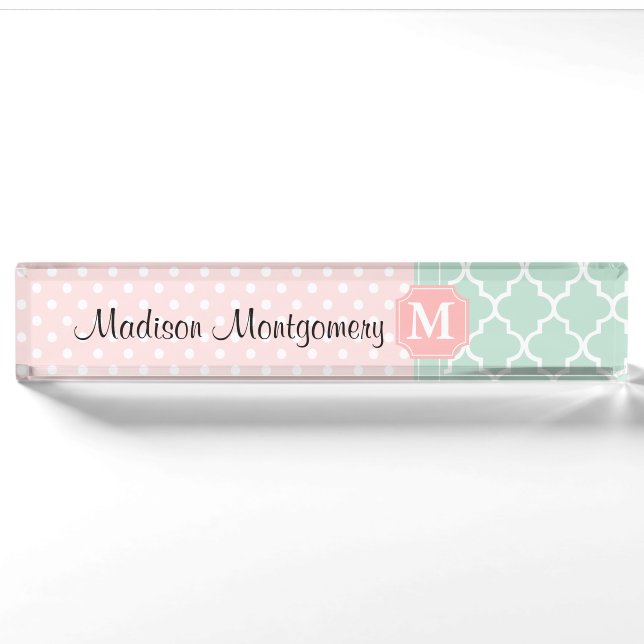 Pink Mint | Polka Dots Moroccan | Monogrammed Nameplate (Front)