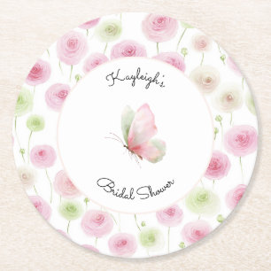 Pink Mint Ranunculus Floral Bridal Shower  Round Paper Coaster
