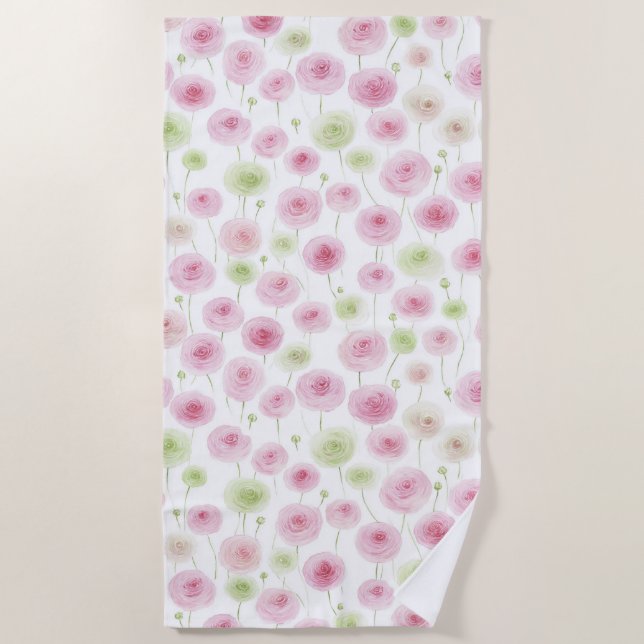 Pink Mint Ranunculus Flowers Beach Towel (Front)