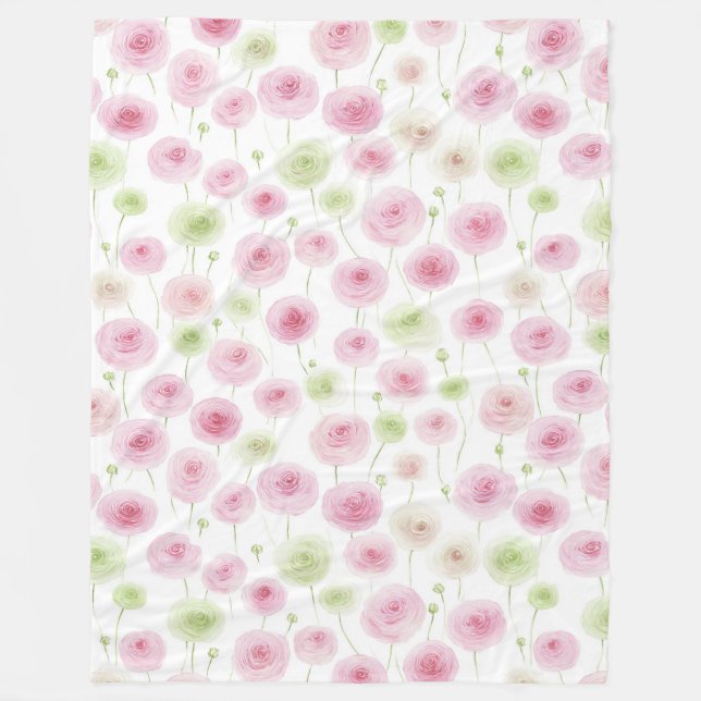 Pink Mint Ranunculus Flowers Fleece Blanket (Front)
