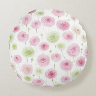 Pink Mint Ranunculus Flowers Round Cushion