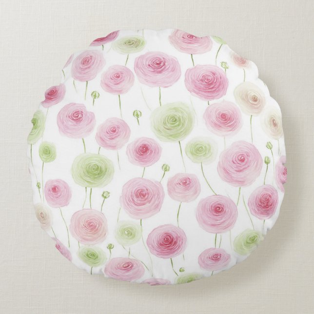Pink Mint Ranunculus Flowers Round Cushion (Front)