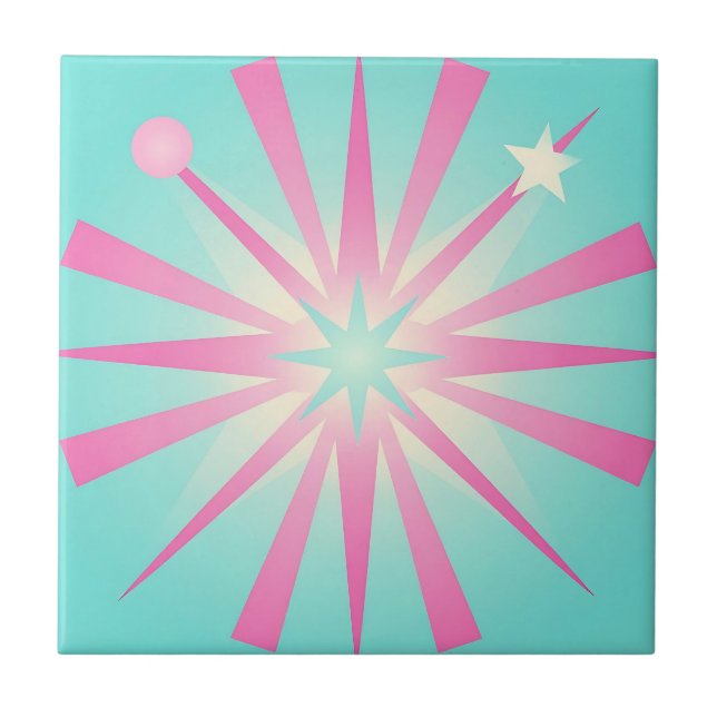 Pink Mint Retro Starburst Glow Ceramic Tile (Front)